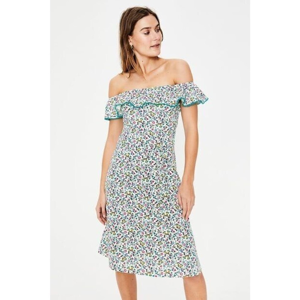 Boden Bethany Floral Dress Sz US 2 R UK 6 R 100% Cotton Peasant Tie Belt Ruffle